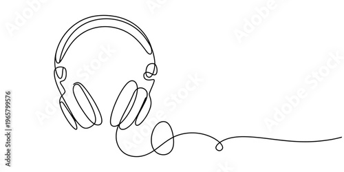 A minimalist single line drawing of audio headphones with a cord on a clean white background area. Vector, illustration