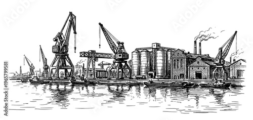 Industrial seaport harbor hand drawn sketch for logistics and maritime