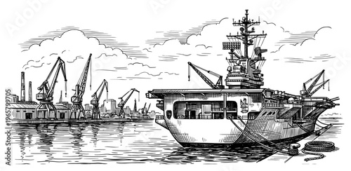 Fishing trawler at industrial port engraved vintage sketch hand drawn