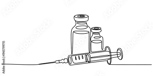 A single continuous line drawing of a medical syringe and two medicine vials for vaccination Vector, illustration