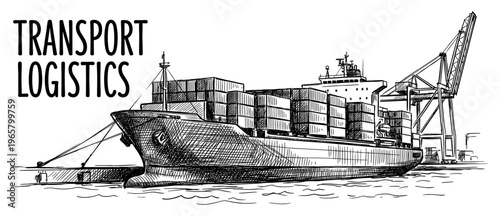 Container ship industrial port engraved vintage sketch hand drawn