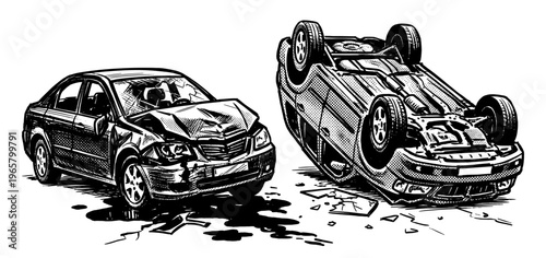 Car accident crash flipped vehicle engraved vintage sketch hand drawn
