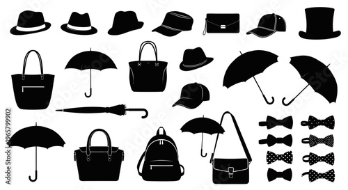 Fashion Accessories Silhouette Collection: Hats, Bags, Umbrellas, Bow Ties