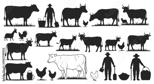 Farm Animals Silhouette Collection: Cows, Chickens, Farmer Icons