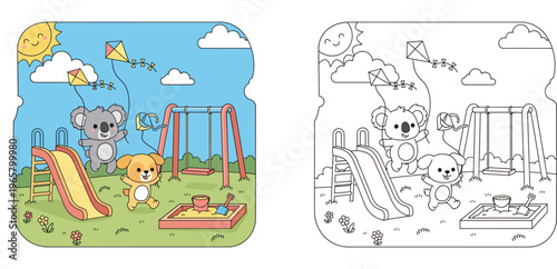 Cute cartoon koala and dog flying kites at the playground with slide and swings on a sunny day vector illustration