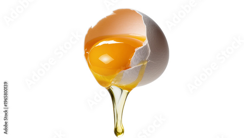 Foto Broken brown eggshell with vibrant orange yolk and clear white dripping, isolate