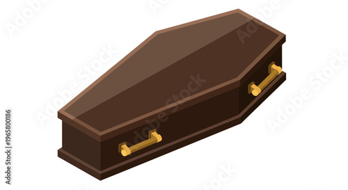 Brown Coffin with Gold Handles Isolated on White Background, Funeral Object