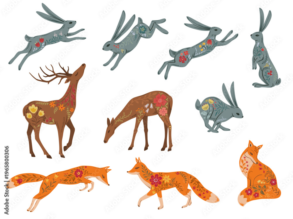 Obraz premium Set of vector illustrations of ornate forest animals. Deer, hares, foxes in folk style.