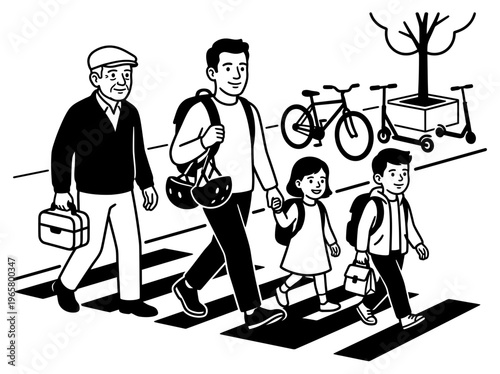 Family walking children to school