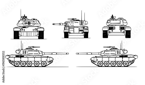 Military tank views vector black white outline front back side illustration