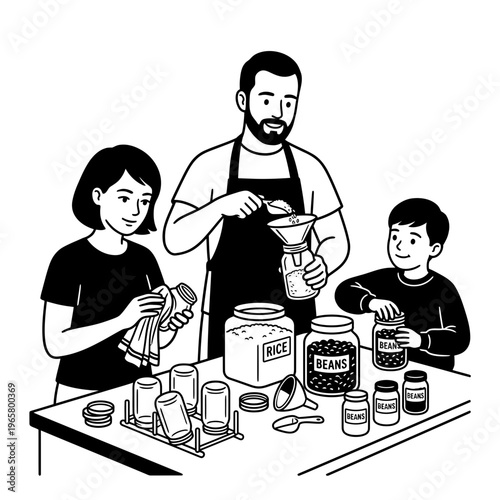Family filling pantry jars together