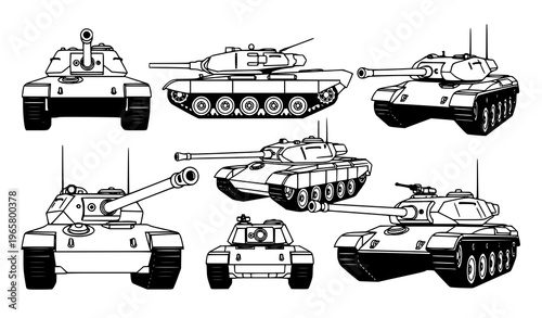 Tank vector collection black white multiple angles military vehicle set