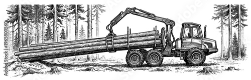 Log forwarder truck forest engraved vintage sketch hand drawn