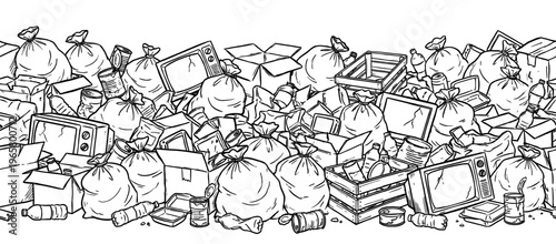 Garbage pile waste trash bag seamless border sketch hand drawn