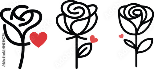 A minimalist line art illustration of a rose with a heart symbol