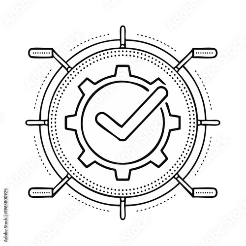 Circular schematic with gear, checkmark, and radial spokes