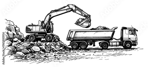 Excavator loading dump truck construction engraved vintage sketch hand drawn