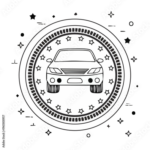 Clean outline illustration of a sedan car inside a circular emblem with stars