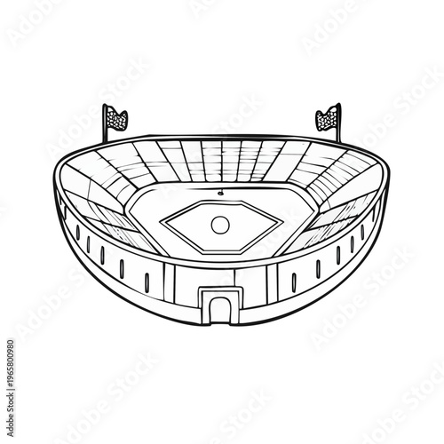 Stadium exterior view with flags and arena seating for sports events
