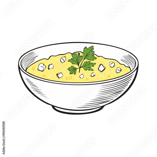 Hand-drawn yellow soup with parsley garnish in a striped bowl