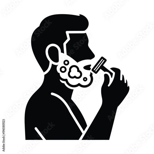 Man shaving beard with razor and foam black and white silhouette icon
