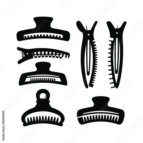 Hair clip silhouettes set, black vector icons of various claw and alligator clips for women's hair styling and beauty accessories.