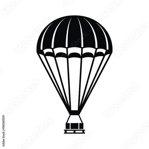 Black and white vector illustration of a parachute carrying a cargo box.