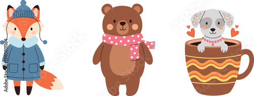 Cute Animal Characters in Winter Clothing and Cup with Hearts Collection: Fox Bear and Dog Vector Illustration Set