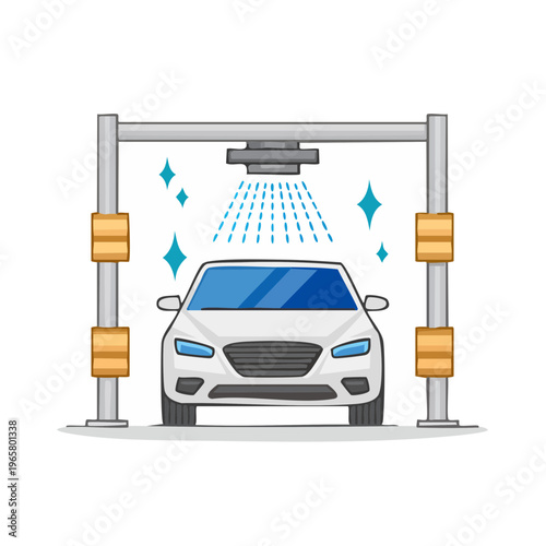 White car undergoing automatic cleaning at a modern car wash station with water spray