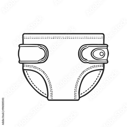 Black and white line drawing of a baby diaper with adjustable tabs