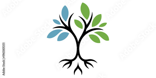 A minimalist graphic illustration of a stylized tree featuring blue and green leaves on white. Vector, illustration