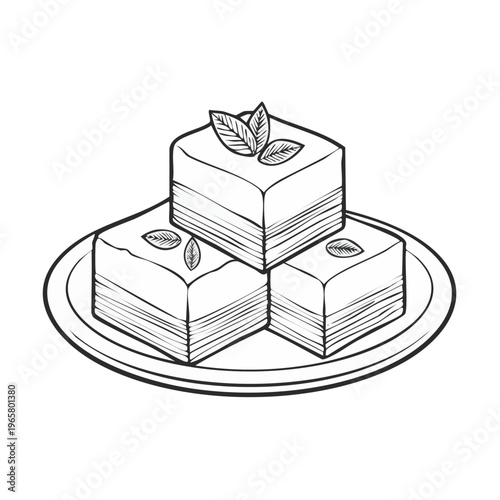 Hand drawn sweet baklava squares with mint leaves on a plate