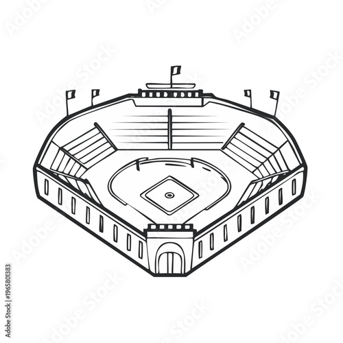 Drawn Baseball Stadium with Dugouts and Grandstands for Sports Events