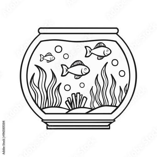 Whimsical line drawing of a fishbowl with three goldfish and aquatic plants