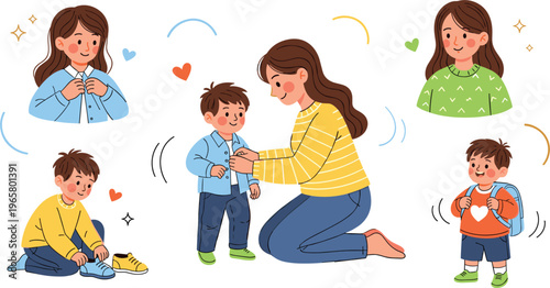Illustration of a Mother Helping Her Son with Dressing, Shoe Tying, and Preparing for School, Expressing Love and Care