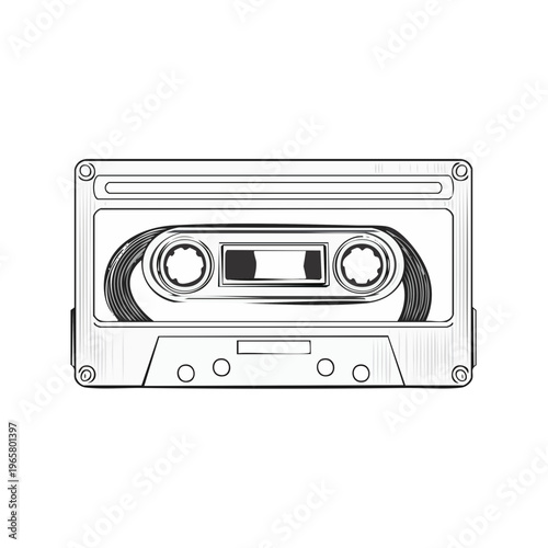Retro audio cassette tape with visible spooling tape in a sketched outline