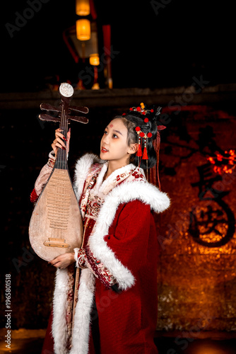 Ancient costume woman holding pipa with elegant posture