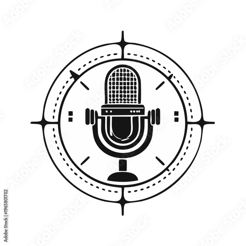 Retro microphone logo design with compass and barbell elements representing audio and strength