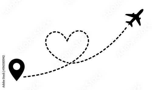 Airplane heart route with destination location pin