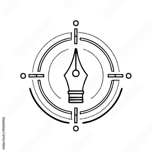 Fountain pen nib in a graphic compass like design with abstract circular elements and lines