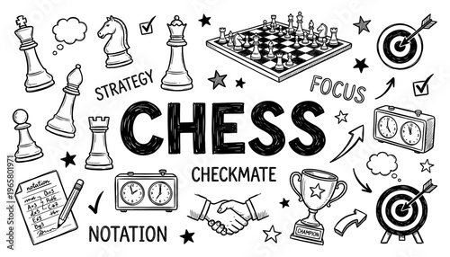 Chess game doodle with board piece clock and trophy