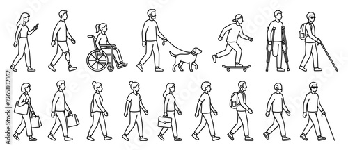 Diverse people line character set with disabled person and pedestrian