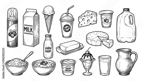 Dairy product set milk cheese butter yogurt cream and jug vintage