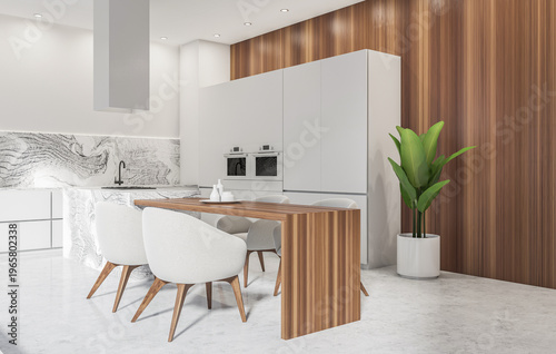 Modern kitchen interior with white cabinetry, wood textures and marble marble surfaces in minimalist style on bright background, concept of interior design, 3D Rendering