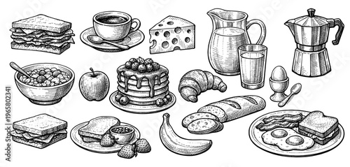 Breakfast food set with pancake egg coffee and croissant vintage