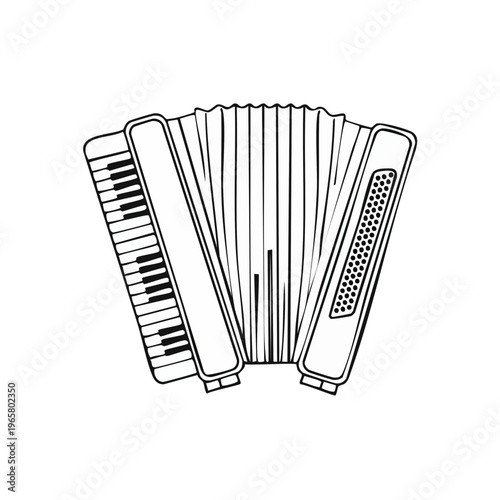 Musical instrument accordion illustration with keyboard and bellows in outline style