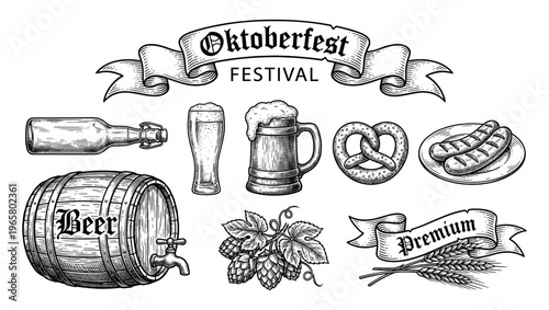 Oktoberfest festival set with beer barrel mug pretzel and sausage