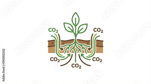 Carbon Sequestration Process Illustration, Plant Roots Absorbing CO2 into Soil for Climate Change Mitigation and Regenerative Agriculture Concept