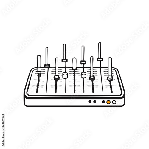 Illustration of a sound mixing console with multiple sliders and control knobs