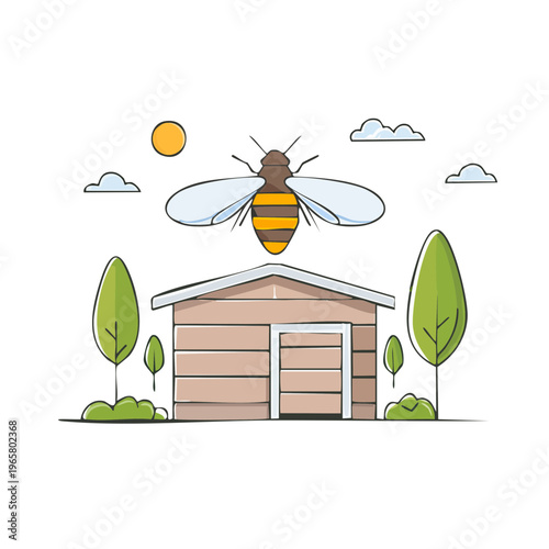 Friendly bee flying over a small wooden shed surrounded by trees and clouds